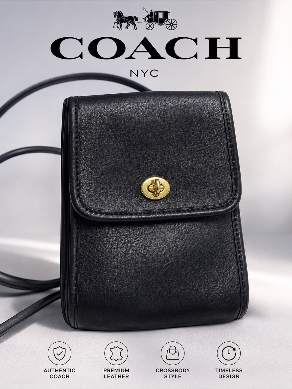 Vintage Coach Black Leather Scooter Crossbody Turn Lock Bag USA Classic EUC